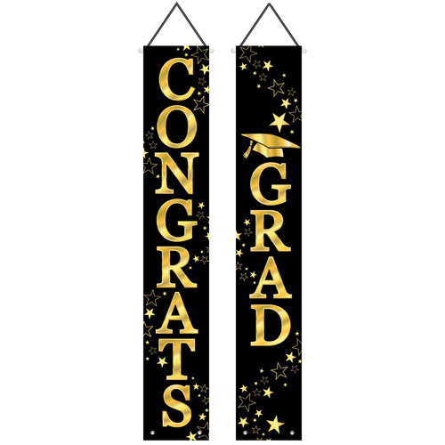 Congrats Grad Fabric Door Panel Set. This indoor/outdoor black fabric panel set features "CONGRATS" on one panel and "GRAD" on the other in gold letters, accented with stars. Package includes 2 count 12.75in x 6ft panels.
