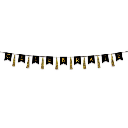Celebrate Tassel Streamer. Featuring black flag-shaped cardstock pennants, this banner spells out "CELEBRATE" in gold foil letters on a black ribbon. Between each letter are shimmering gold foil tassels. Measures 13in x 12ft.