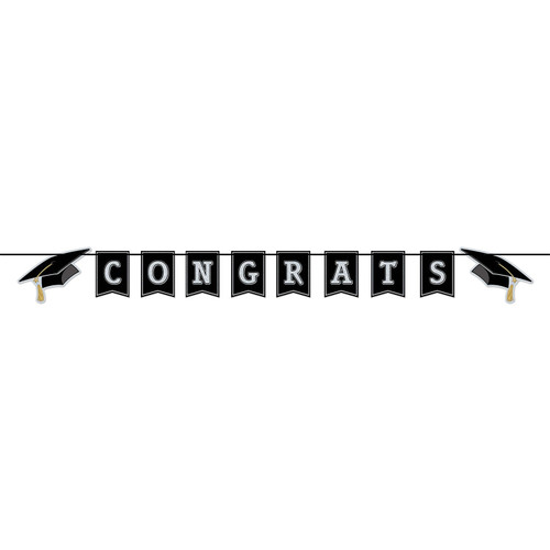 Congrats Grad Streamer. These black cardstock flag shaped pennants feature white glitter letters that spell "CONGRATS" with grad cap shaped pieces for the ends. This streamer is perfect for walls, doorways, tables, or photo backdrops. Assembly required. Measures 6.5in x 6ft when assembled.