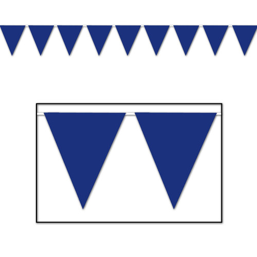 Blue Pennant Banner. This banner features 12 count blue plastic, all-weather pennant flags. Measures 11in x 12ft.