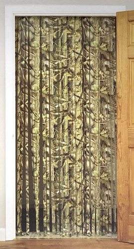 Camo Tinsel Curtain Backdrop. This foil fringe curtain has a camo print of leaves and twigs. The underside is silver, and it includes an adhesive strip for placement. Measures 3ft x 8ft.
