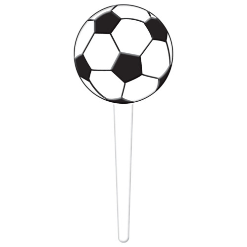 Plastic Soccer Ball Picks. Each white plastic pick has a printed soccer ball. Blank white on the opposite side. Package includes 36 count picks measuring 3in x 1.25in.