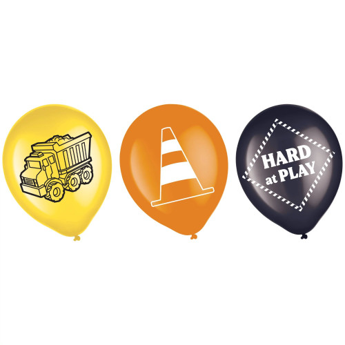 Construction Party Latex Balloons. These yellow, orange, and black balloons feature outline prints of dump trucks, traffic cones, and "HARD at PLAY" in white text. Package includes 6 count 12in latex balloons.