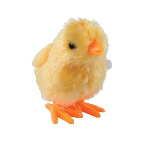 Fluffy Wind-Up Chick. This yellow fuzzy chick features orange plastic feet that move when wound up. Measures 3in x 3.25in.