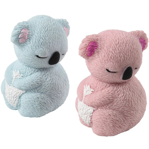 Stretchy Koala. Available in light blue, gray, or pink, these sleepy looking koalas, filled with sand, can be stretched and squished. Desired color not guaranteed. Package includes 1 count toy measuring 3in.