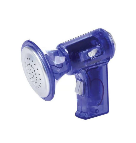 Mini Voice Changer - Blue. This silver and translucent dark blue or red plastic mini megaphone shaped voice changer has 3 different effects. Requires one 23A 12V battery, included. Do not use close to ears. Desired color not guaranteed. Measures about 3.25in.