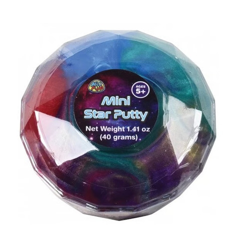 Mini Star Putty. A swirl of multiple colors with a bit of a shimmer can be squished, stretched, or bounced. Colors will blend together over time. Package includes 1 count container measuring 2.25in in diameter with 1.41oz putty.