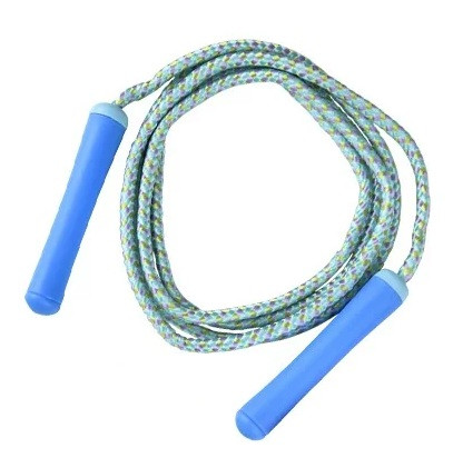 Jump Rope - Blue. This jump rope is available in pink, green, and blue handles with multicolor woven nylon. Desired color not guaranteed. Package includes 1 toy measuring 7ft.