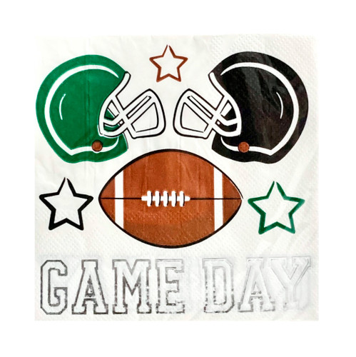Game Face Football Beverage Napkins. These 2-ply white paper napkins feature a classic brown football, a green football helmet and a black football helmet, and the outlines of a black star, brown star, and green star, all above "GAME DAY" in outlined silver foil text. Package includes 16 count napkins measuring 5in when folded.