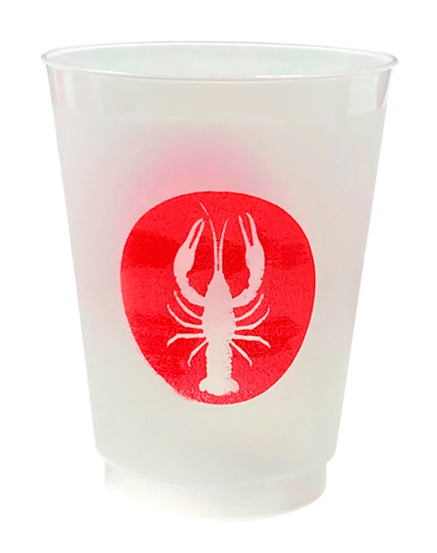 Frost Flex Crawfish Cups. Made from clear frosted plastic, each cup features a circle printed in red ink with the silhouette of a crawfish inside, printed on both sides of the cup. Package includes 8 count cups measuring 16oz. For cold beverages only.