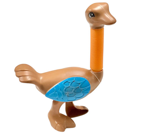 Pop Tube Stretchy Ostrich. This light brown plastic ostrich features painted eyes and wings, along with an extendable orange pop tube neck. Measures 5in tall, 9.5in tall when neck fully extended.