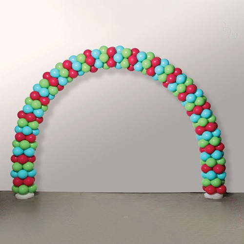 Balloon Arch Kit. White plastic.  Package includes 2 count bases, 10 count balloon arch pieces, 2 count tubes, and 50 count balloon rings. Assembly required. Measures 8.5ft tall and 12ft wide when assembled. Balloons not included.