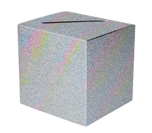 All Purpose Prismatic Silver Card Box. This printed cardstock box has an iridescent silver finish and an opening at the top for cards. Assembly required. Box measures 9in x 9in.