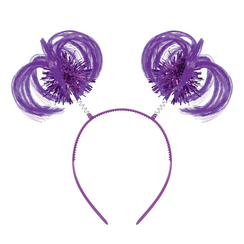 Ponytail Headbopper - Purple. This purple plastic headband features 2 purple tufts of synthetic hair, along with pom poms of metallic purple tinsel, attached to springs. One size fits most.