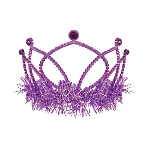 Plastic Jewel Tiara - Purple. This metallic plastic tiara features purple tinsel trim and purple acrylic jewel accents, along with attached combs. One size fits most.