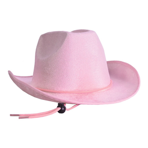 Pink Velour Cowboy Hat. This velour cowboy hat features a light pink color and an adjustable chin strap. One size fits most.