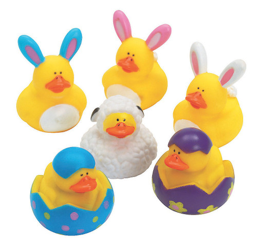 Easter Rubber Duck. This classic yellow rubber duck is available with pink, blue, or white bunny ears, a lamb costume, or with a blue or purple eggshell. Desired style not guaranteed. Measures 2in.