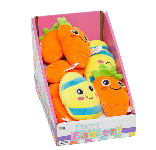 Easter Sensory Sand Filled Stuffed Character. Available as a smiling orange carrot or a yellow and blue striped Easter Egg, this stuffed toy has a squishy feel. Desired style not guaranteed. Package includes 1 count toy measuring 4in x 4.75in.