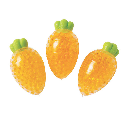 Easter Carrot Gel Bead Ball Squeeze Toy. This vinyl, carrot shaped toy is filled with orange squishy gel beads. Package includes 1 count toy measuring 4in.