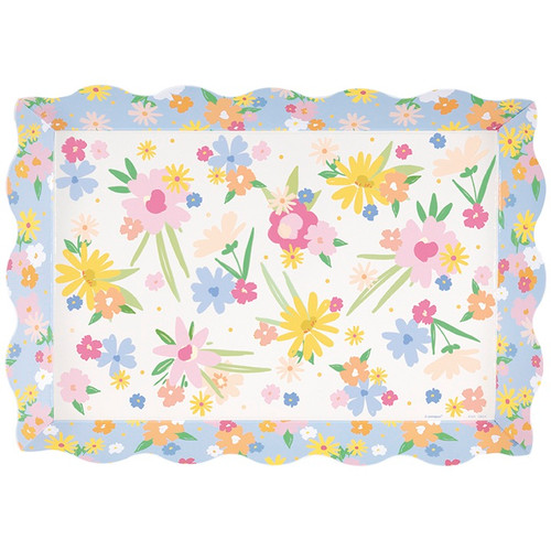 Spring Garden Scalloped Edge Paperboard Serving Tray. This printed paperboard features a design of colorful flowers and has a scalloped edge. White on the outer side. Measures 13.25in x 9.5in.