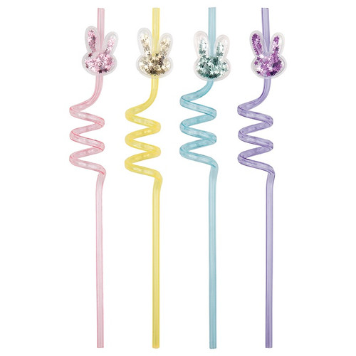 Glitter Bunny Topped Plastic Spiral Straws. This set of reusable plastic spiral straws feature the translucent colors of yellow, purple, seafoam blue, and pink, with clear plastic bunny head shaped toppers filled with shimmery star shaped glitter. Package includes 4 count straws measuring 10.5in.