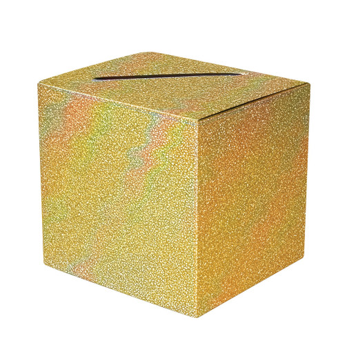 All Purpose Prismatic Gold Card Box. This printed cardstock box has an iridescent gold finish and an opening at the top for cards. Assembly required. Box measures 9in x 9in.