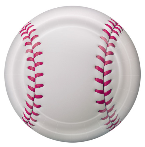 Baseball Luncheon Plates. These paper plates feature a printed baseball design with red stitching. Package includes 8 count 8.75in plates.