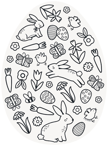 Easter Egg Coloring Placemats. These egg shaped paper placemats feature a pattern of bunnies, chicks, eggs, butterflies, and flowers to color. Package includes 8 count 14.5in x 11in paper placemats.