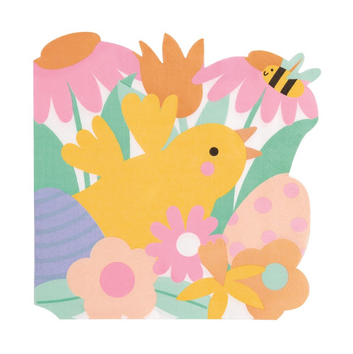 Playful Easter Shaped Beverage Napkins. These small paper napkins feature a shape around a colorful cluster of simplified flowers along with a chick, a bee, and a couple of Easter Eggs. Package includes 16 count 5in x 5in napkins.
