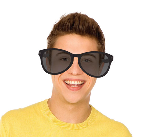 Jumbo Glasses - Black. These oversized glasses feature black frames and lenses. Measures 10.25in x 3.6in. One size fits most.