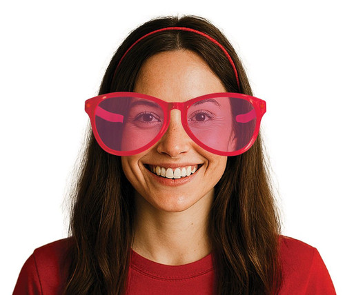 Jumbo Glasses - Red. These oversized glasses feature red frames and lenses. Measures 10.25in x 3.6in. One size fits most.