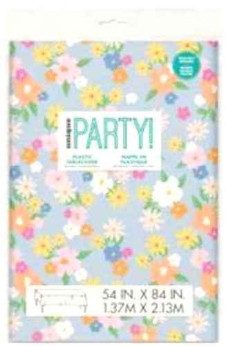 Spring Garden Faux Felt Backed Table Cover! This rectangular plastic cover features a pattern of colorful flowers on a seafoam blue background. Water resistant and potentially reusable, it can be wiped clean with a damp cloth. Measures 54in x 84in.