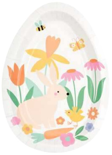 Playful Easter Egg Shaped Dinner Plates. These white egg shaped paper plates feature simplified colorful flowers with a bee, butterfly, chick, and an off white rabbit. Package includes 8 count plates measuring 12in x 8.25in.