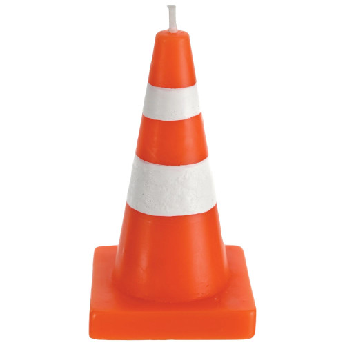 Construction Party Traffic Cone Candle. This candle is shaped like an orange and white traffic cone. Measures 4in.