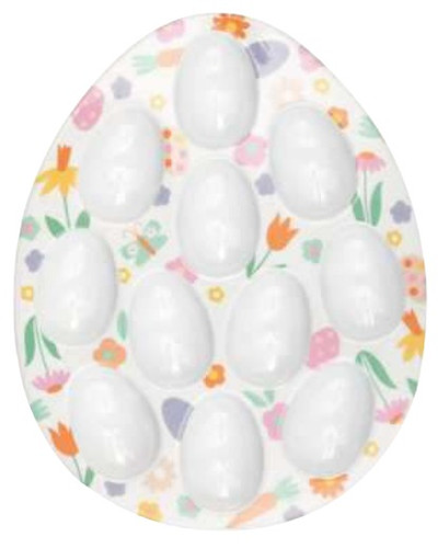 Plastic Easter Egg Holder. This white plastic egg holder is shaped like an egg itself, decorated with colorful spring flowers. Could also be used for deviled eggs. Measures 8.5in x 11in with space for 11 eggs.
