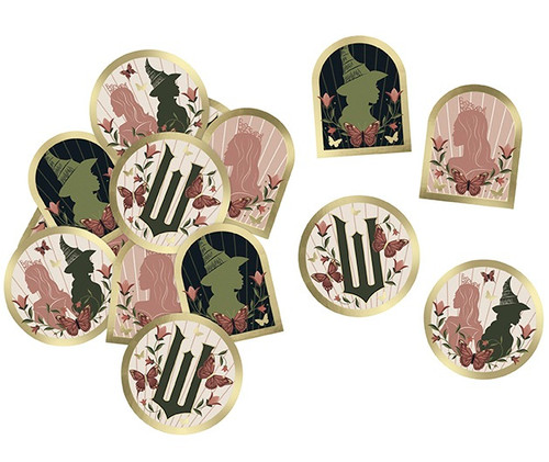 Wicked Table Scatters. These double side printed paper scatters include circle and arch shaped pieces with gold foil trim, featuring silhouetted portraits of Elphaba, Glinda, and the "W" Wicked logo, in muted colors of green, pink, and white. Package includes 56 count pieces, measuring about 2in.