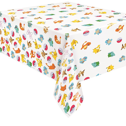 Pokemon Plastic Tablecover. This white plastic cover features a pattern of pokeballs and Pikachu, Bulbasaur, Squirtle, Charmander, and Eevee. Measures 54in x 84in.