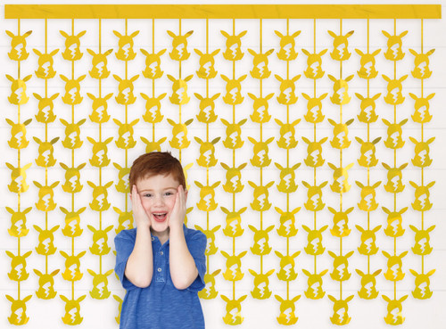 Pokemon Foil Backdrop. This gold foil backdrop features strands of the silhouette of Pikachu, with its lightning shape tail cut out. Measures 5ft wide x 4ft tall.