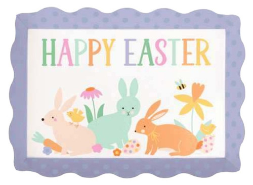 Playful Easter Scalloped Edge Paperboard Serving Tray. This printed paperboard features a design of simplified colorful flowers, rabbits in off white, seafoam green, and orange, Easter eggs, and chicks, with a purple border. White on the outer side. Measures 13.25in x 9.5in.