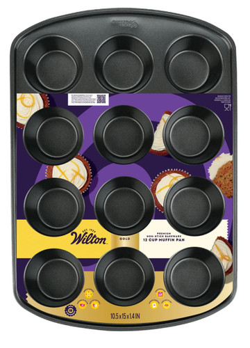 Non Stick Bakeware Muffin Pan. This non-stick steel pan provides an even heating performance and features 12 count 2in x 1.25in muffin sized cavities. Measures 10.5in x 15in.