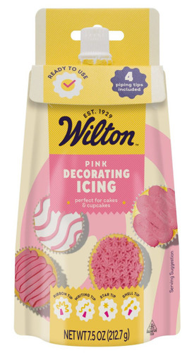 Pink Decorator Icing with Tips. This pink ready to use icing is the perfect complement to your holiday and special occasion baked treats. It comes with a ribbon tip, writing tip, star tip, and shell tip to create all sorts of designs. Net WT 7.5oz.