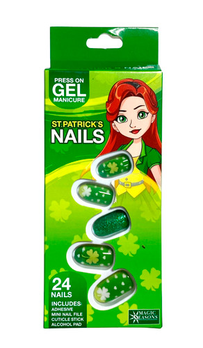 St. Patrick's Day Press on Nails - Green glitter and white. These acrylic nails are available in multiple designs involving shamrocks, gnomes, and some glitter. Desired design not guaranteed. Package includes 24 count nails, a mini nail file, a cuticle stick, and alcohol pad.