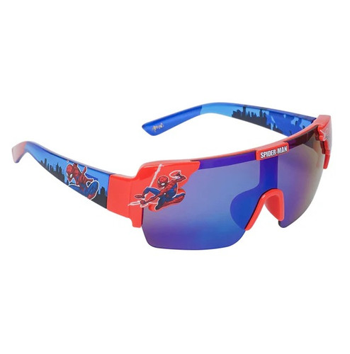 Kids Spiderman Sunglasses. These shades feature blue and red frames, covered in portraits of Spiderman and black skyscraper skylines. The wraparound style and tinted lenses help protect young eyes during all their heroic adventures. Featuring 100% UV400 protection and impact-resistant lenses, they’re built to keep your eyes safe while you enjoy the sunshine. One size fits most kids.
