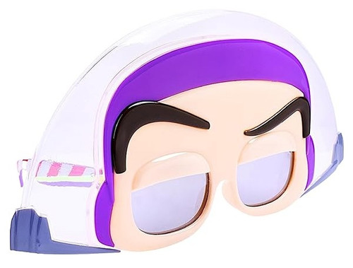 Buzz Lightyear Sun Staches Glasses. Shaped like the top of Buzz Lightyear's helmet, with a raised eyebrow, these lenses are in the place of Buzz's eyes. Featuring 100% UV400 protection and impact-resistant lenses, they’re built to keep your eyes safe while you enjoy the sunshine. One size fits most.