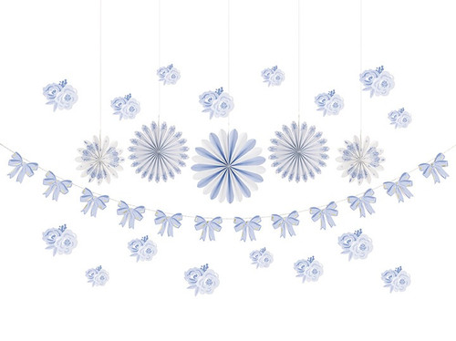 Dainty Bow Decoration Kit. This kit includes a garland of light blue bow cutouts with gold foil accents, as well as light blue paper fans and different sizes and designs and cutouts of light blue flowers. Package includes 1 count garland measuring 9ft, 1 count fan decoration measuring 12in, 2 count fan decorations measuring 10in, 2 count fan decorations measuring 8in, 5 flower cutouts measuring 6in x 5.5in, 5 flower cutouts measuring 5in x 4.5in, and 5 flower cutouts measuring 4in x 3.5in.