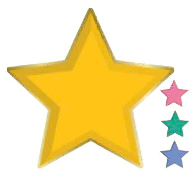 Pastel Star Shaped Luncheon Plates. These star shaped paper plates include the colors yellow, pink, blue, and green, with a gold foil trim. Package includes 8 count plates measuring 10.5in.