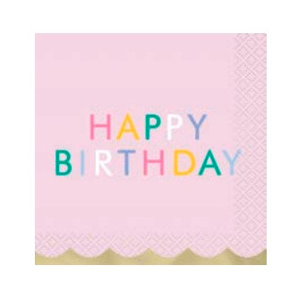 Pastel Birthday Beverage Napkins. These 2 ply pink paper napkins feature "HAPPY BIRTHDAY" in multicolor letters, along with a gold foil trim. The underside is white with a few colorful stars in the corner. Package includes 16 count napkins measuring 5in when folded.