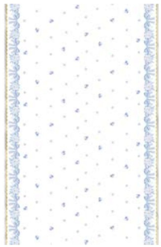 Dainty Bow Plastic Tablecover. This rectangular muted white plastic tablecover features a pattern of light blue flowers and a border of light blue bows, accented with shimmery gold. Measures 54in x 84in.