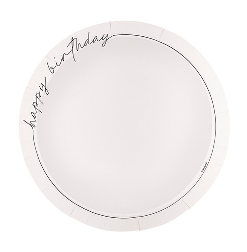 Script Birthday Dessert Plates. These plain white paper plates feature "happy birthday" in black script along with a long black line as a border. Package includes 8 count plates measuring 8.25in.