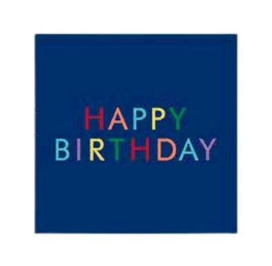 Simple Birthday Beverage Napkins. These dark blue 2 ply paper napkins feature "HAPPY BIRTHDAY" in multicolor letters across the middle. The underside is white with "YAY" in multicolor letters in the corner. Package includes 16 count napkins measuring 5in when folded.